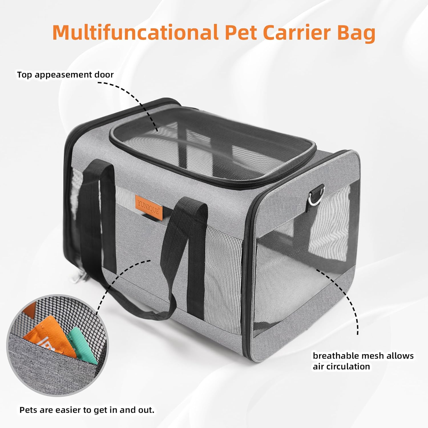 YUNIQUE Soft-Sided Cat & Dog Carrier for Pets Up to 15 Lbs, Airline Approved Collapsible Travel Puppy Carrier with Lightweight Fabric Design (Grey) - Image 6