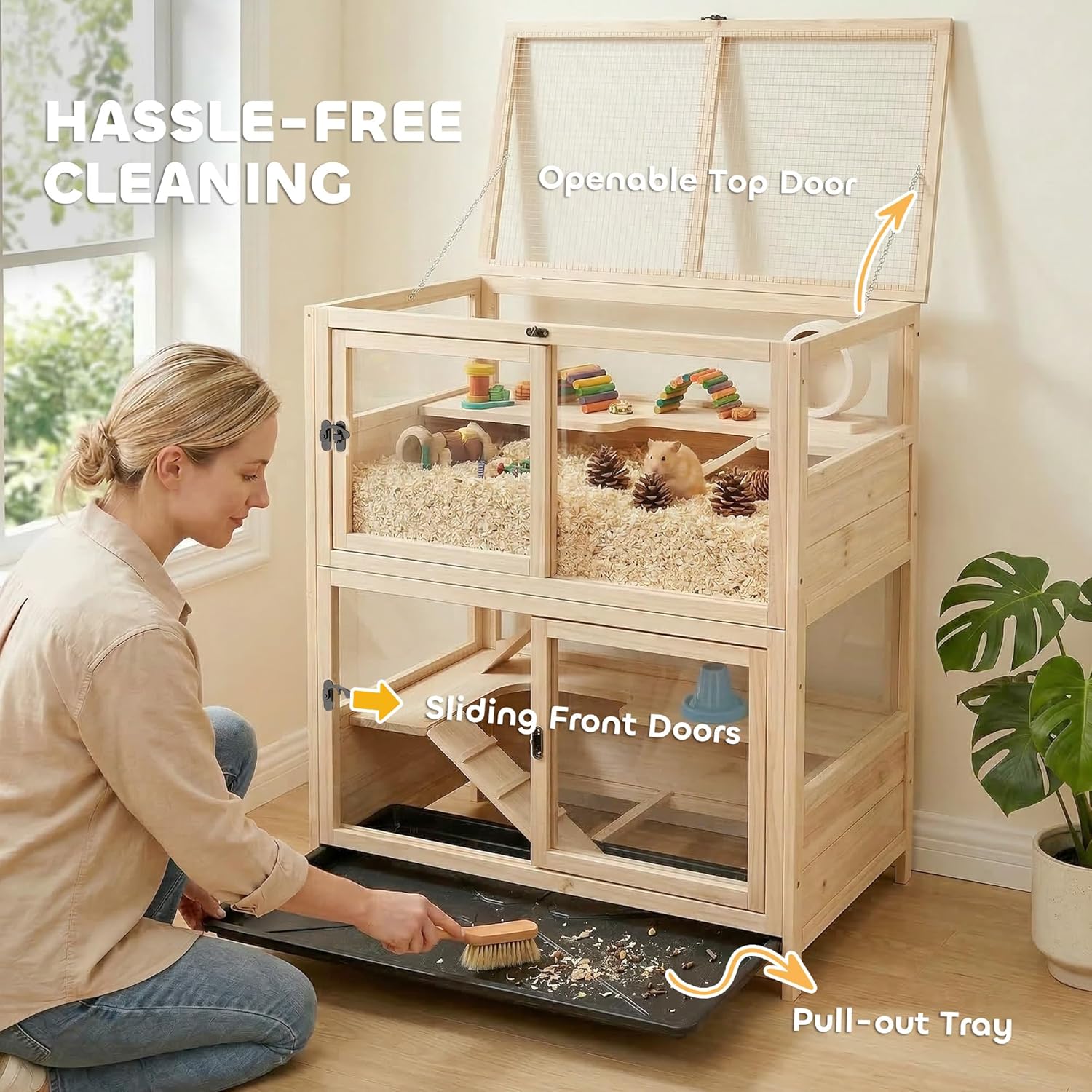 PawHut Wooden Hamster Cage, 4 Tier Small Animal Cage with Mesh Flip Roof, Pull-Out Tray, Huts, Seesaws, Ramps and Water Bottles, Hamster Habitat for Dwarf Syrian Mice Gerbil, 33" x 21" x 36" - Image 6