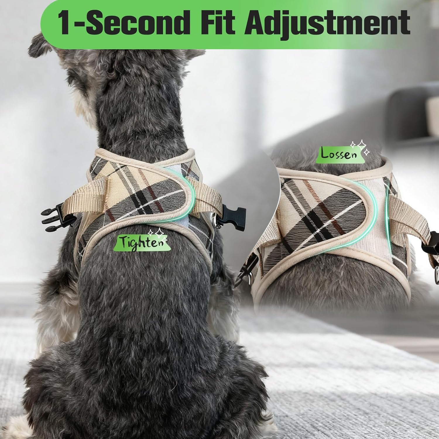 EXPAWLORER Plaid Small Dog Harness and Leash Set with AirTag Holder - No Pull Soft Padded Step in Dog Vest Harness Medium Sized Dog, Reflective Puppy Harness, Collar and Leash for Walking, Khaki S - Image 4