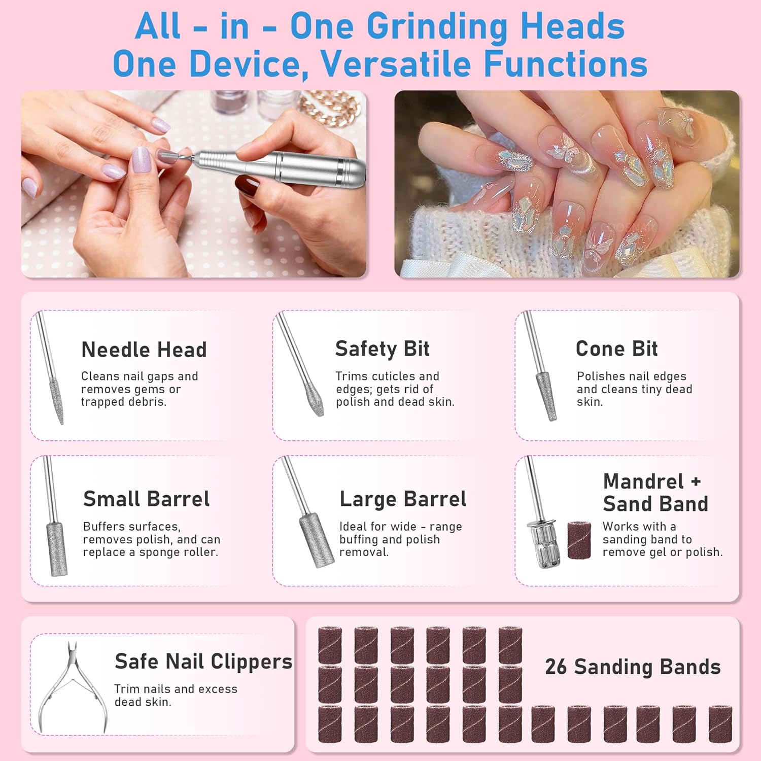 Portable Electric Nail Drill Professional 45000 RPM, Rechargeable Electric Nail File Machine Kit for Acrylic Gel Nails Polishing Removing, Quiet E-File with Bits for Manicure Salon Home - Image 5