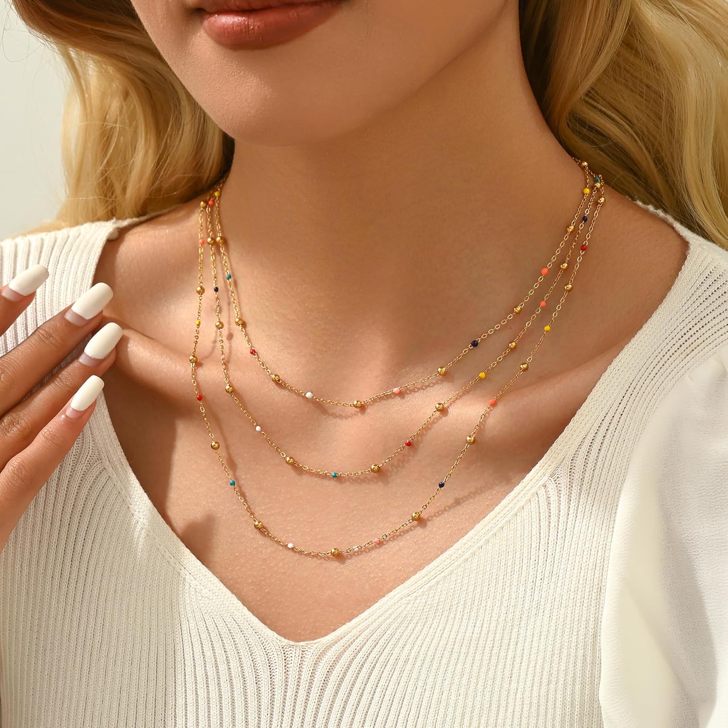 NONAMOIS Gold Chain Necklace for Women Dainty 18K Gold Plated Thin Satellite Beaded Turquoise Necklace Simple Layered Boho Jewelry Christmas Gifts - Image 3