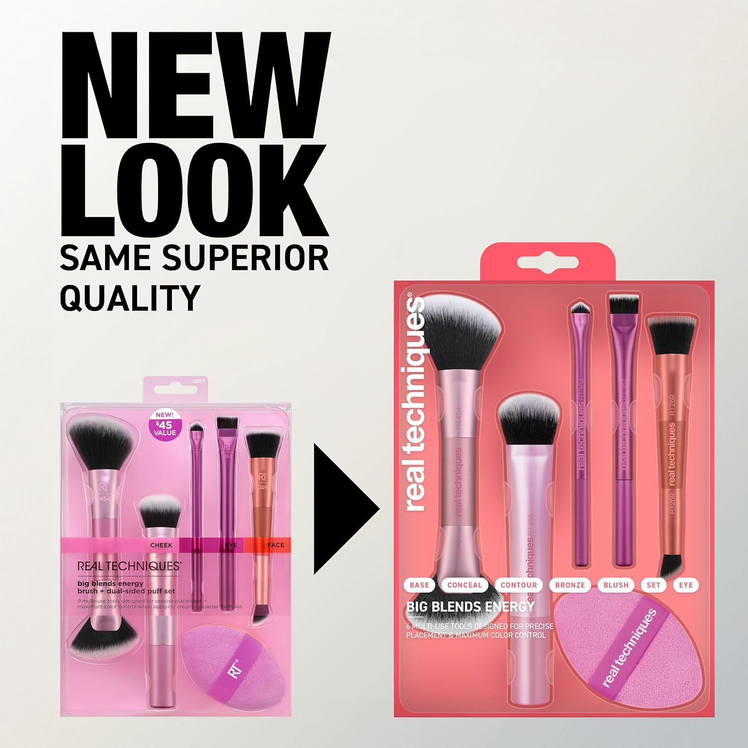 Real Techniques Big Blends Energy Brush + Dual-Sided Puff Kit, 6 Piece Face Makeup Brush & Puff Set for Foundation, Concealer, Powder & Blush, Travel Friendly, Cruelty-Free & Vegan - Image 9