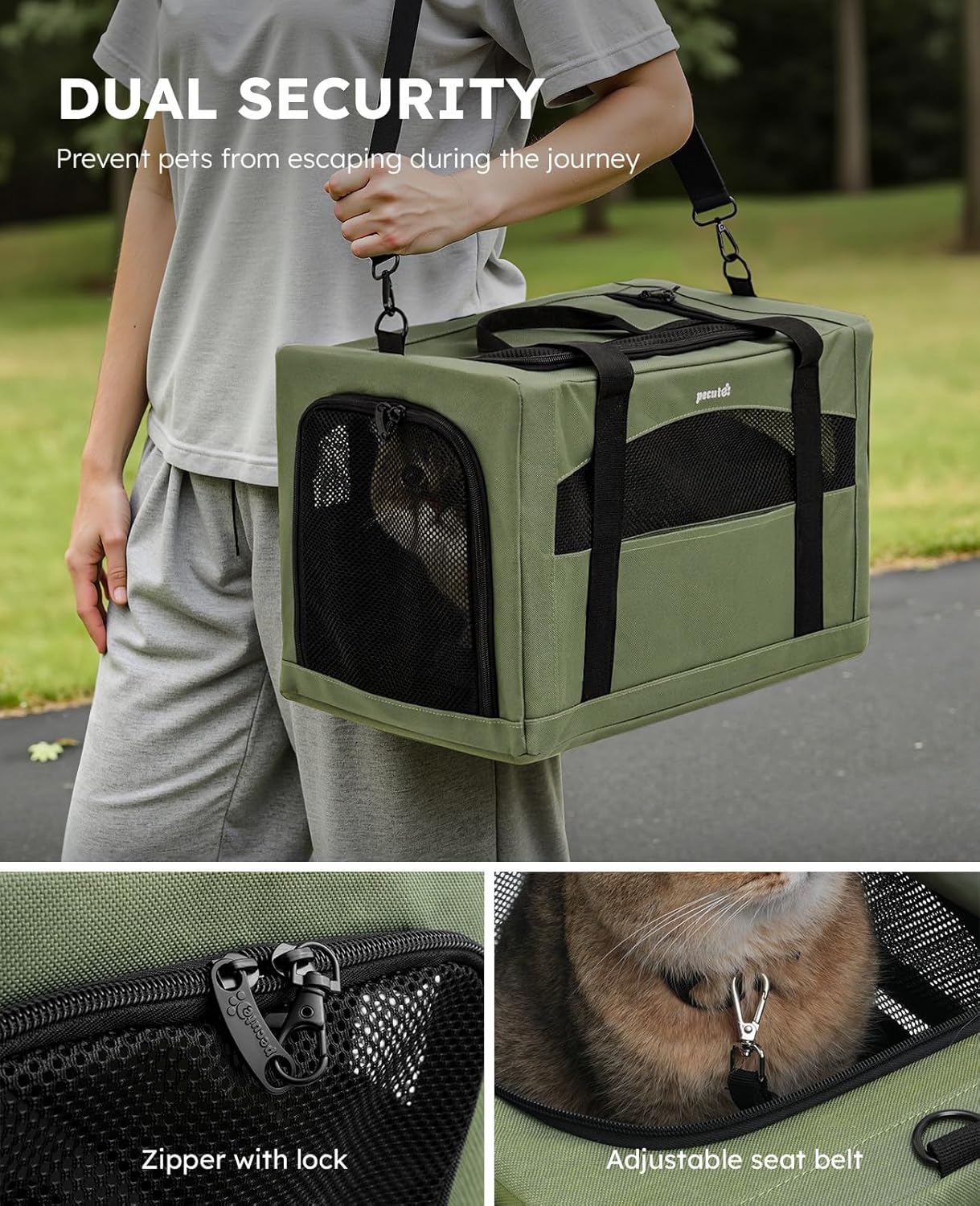 Pecute Cat Carrier Stable, Pet Carrier with Hidden Anxiety Relief Partition & Stable Steel Frame, Safe Cat Carrier for Car Travel, Soft-Sided Dog/Cat Carrier Bag for Pets Up to 11lbs, Green - Image 4