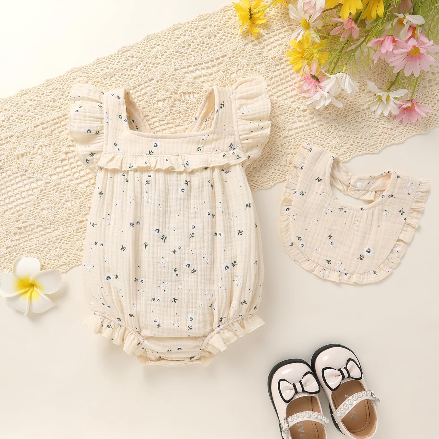 YOUNGER TREE Baby Girl Romper 100% Cotton Ruffle Sleeveless Summer Outfit with Accessory Soft Infant Clothes for Daily Wear - Image 2