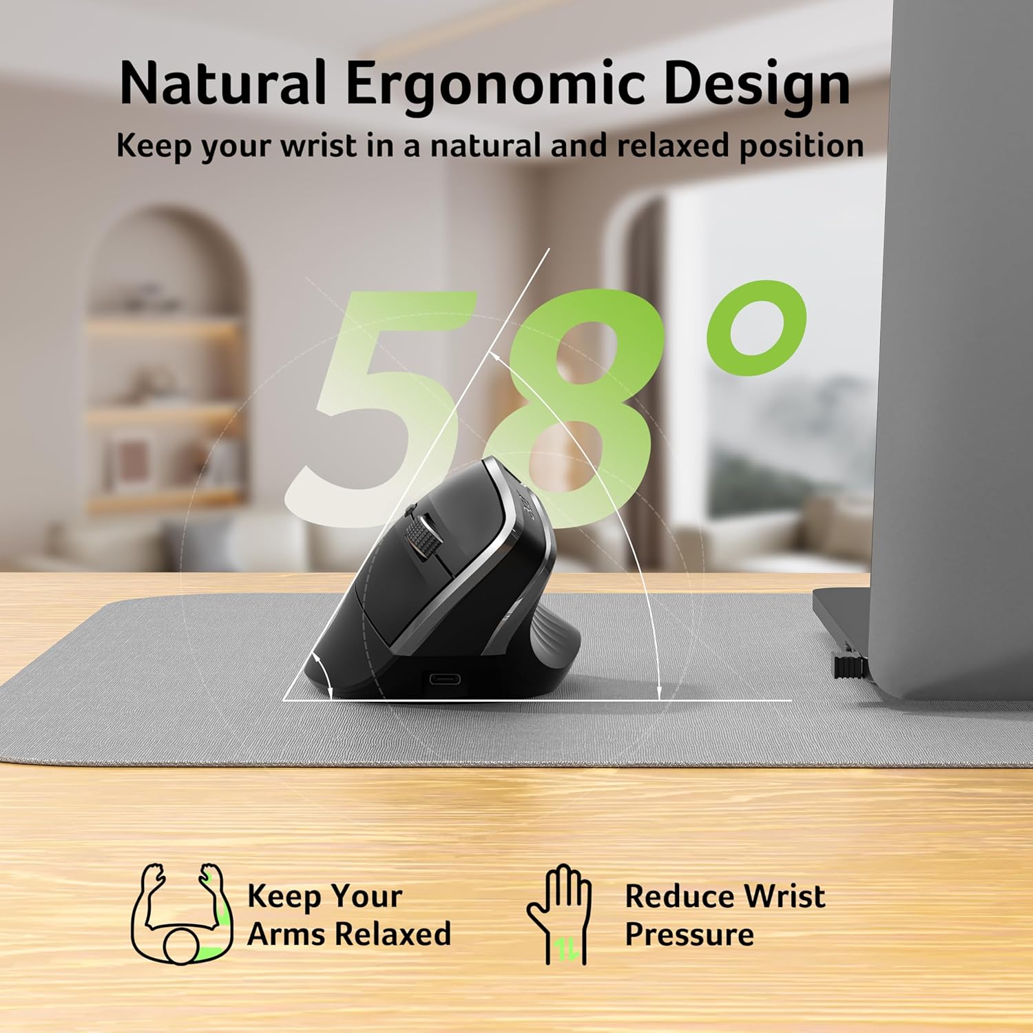 acer Ergonomic Mouse Wireless, Vertical Computer Mouse for Office, Ergo Mice Rechargeable for Medium to Large Sized Hands, 2.4GHz USB Receiver, 800/1200/1600 DPI, 6 Buttons for Laptop, PC and Desktop - Image 2
