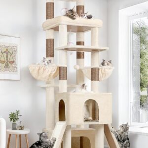 Globlazer Heavy Duty Cat Tree 78 inch Sturdy Cat Tower for 20lbs Large Adult Cats, Symmetrical Aesthetic Big Cat Tree with Extra Large Platform, 2 Scratching Boards, Z78, Beige
