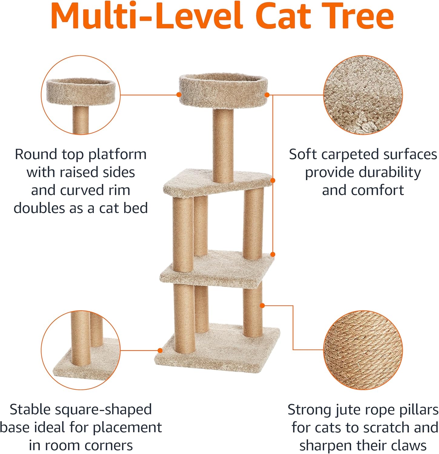 Amazon Basics Cat Tree Tower - Multi-Level Climbing Activity Center for Indoor Cats & Kittens with Scratching Posts, Platform, Jute Rope, Large (45.9"H), Beige - Image 3