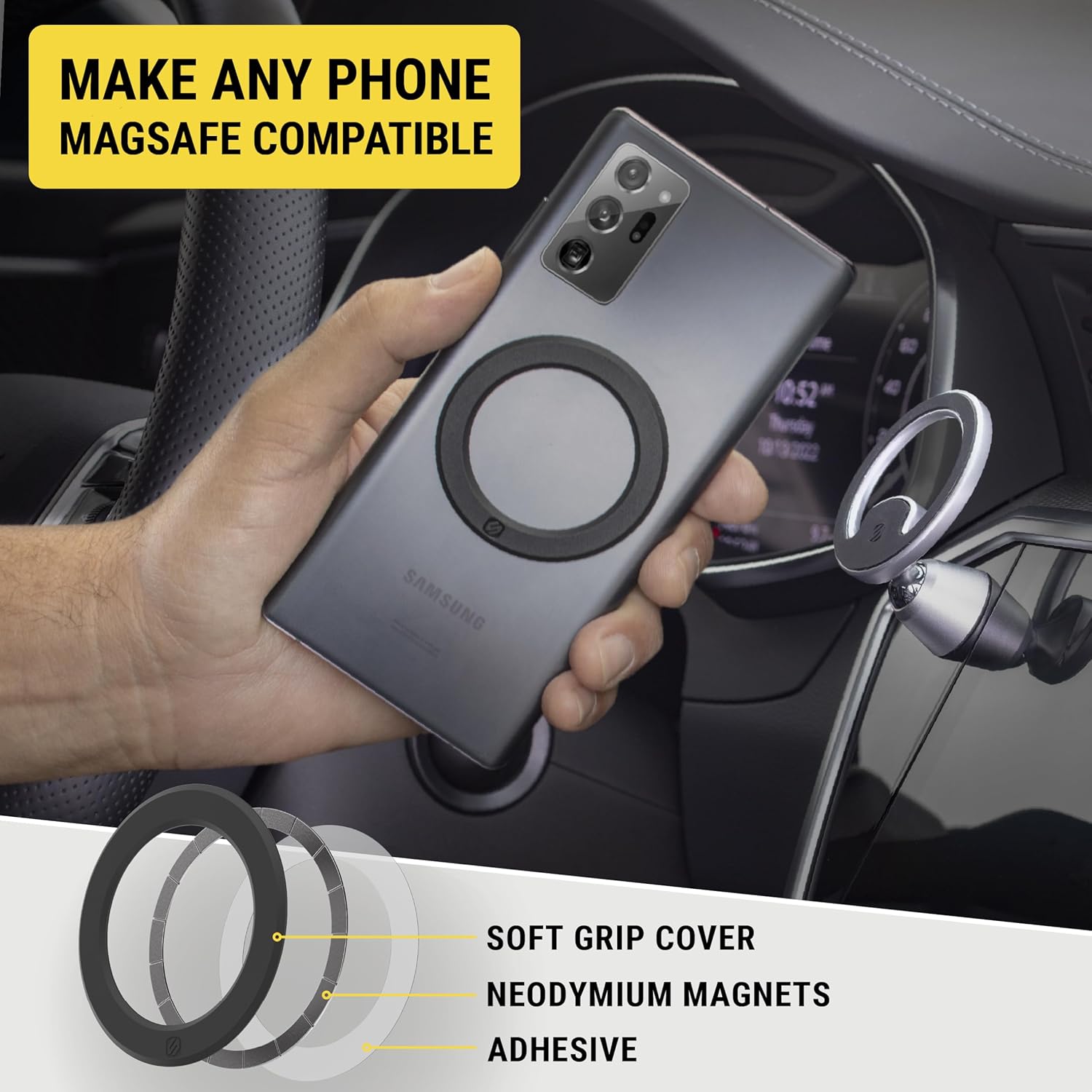 Scosche MagicRing MagSafe Adapter Ring, Conversion Kit Adds Wireless Charger and MagSafe Phone Mount Compatibility, Universal Magnetic Ring for Phone Case Compatible with iPhone, Samsung, Android - Image 3
