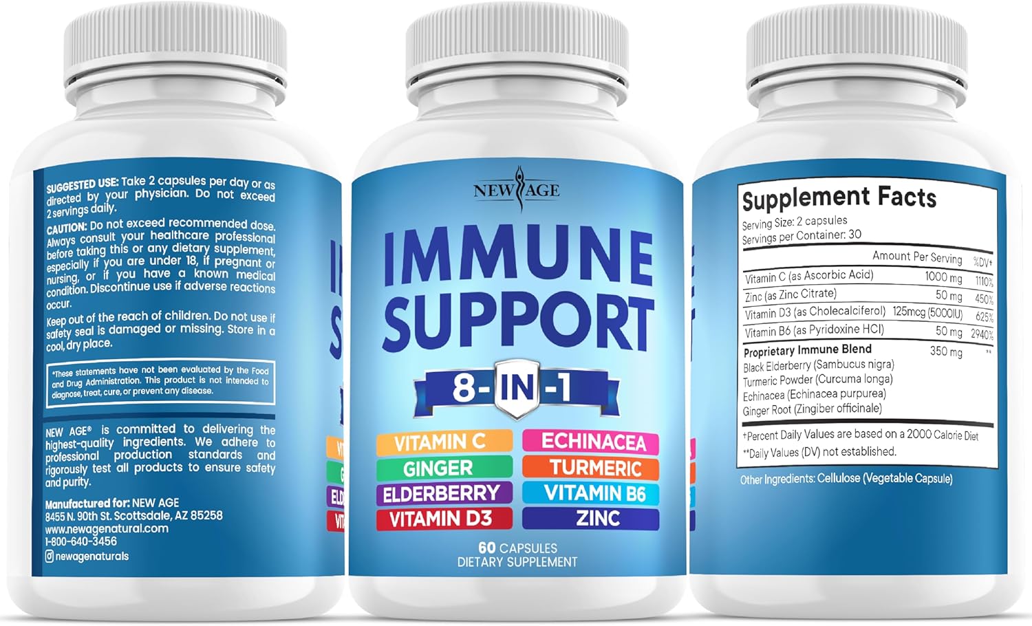 NEW AGE 8 in 1 Immune Support Booster Supplement with Echinacea, Vitamin C and Zinc 50mg, Vitamin D 5000 IU, Turmeric Curcumin & Ginger, B6, Elderberry 60 Count (Pack of 1) - Image 8
