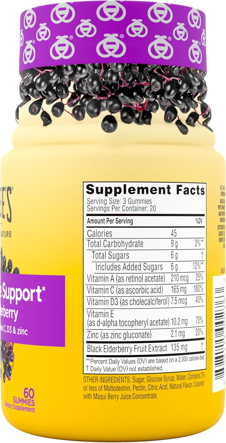 Zarbee’s Daily Immune Support* Gummies with Real Elderberry, Vitamins A, C, D3, E, Zinc, Antioxidants and Flavonoids, No Artificial Sweeteners or HFCS, Suitable for Ages 12 and Up, 60 Count Bottle - Image 8