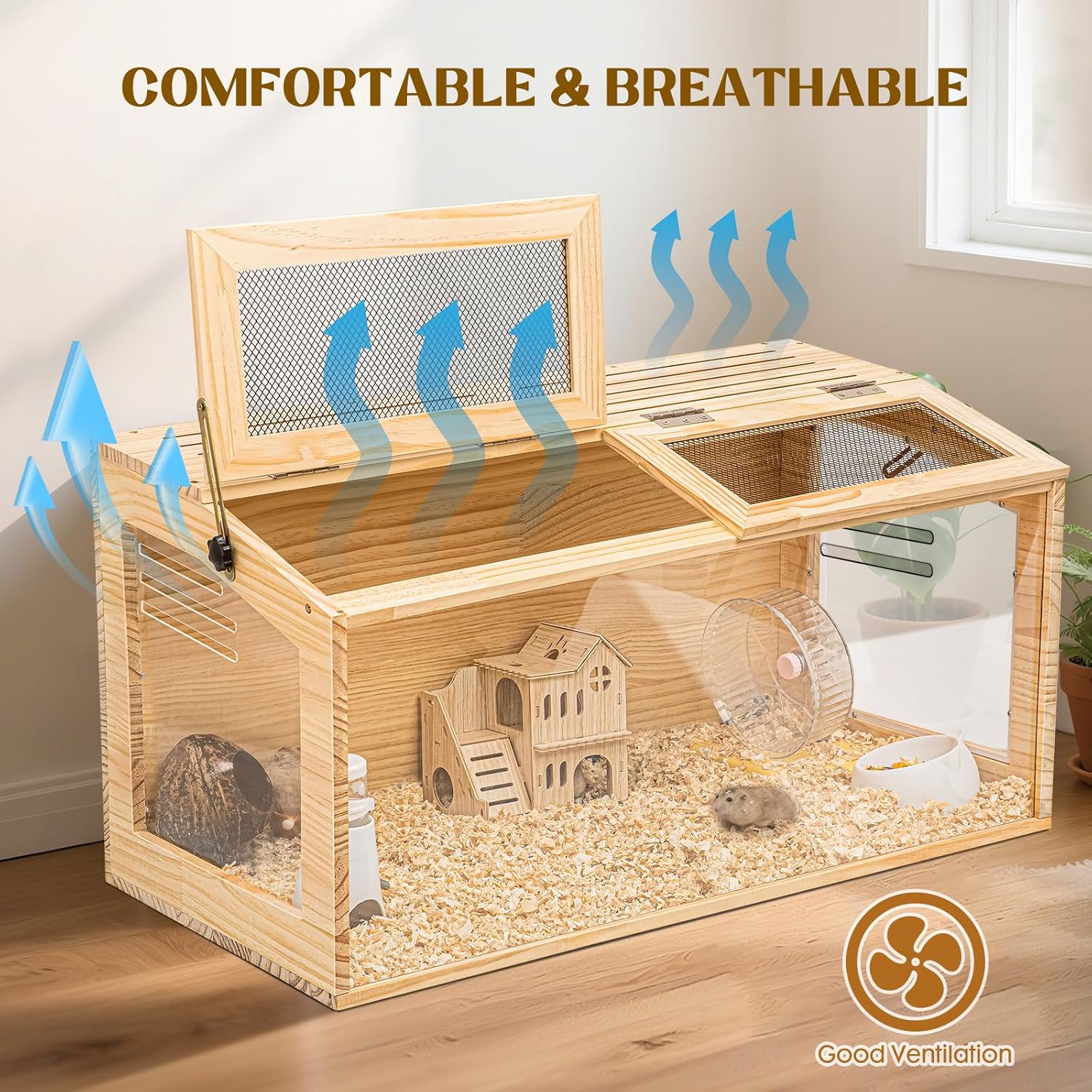 Hamster Cage 32" Wooden Chewproof, 270° Panoramic View Large Habitat with Bite-Proof Mesh, Top Dual Access Doors & Acrylic Panels, for Syrian/Dwarf Hamsters, Guinea Pigs, Chinchillas & Gerbils - Image 4