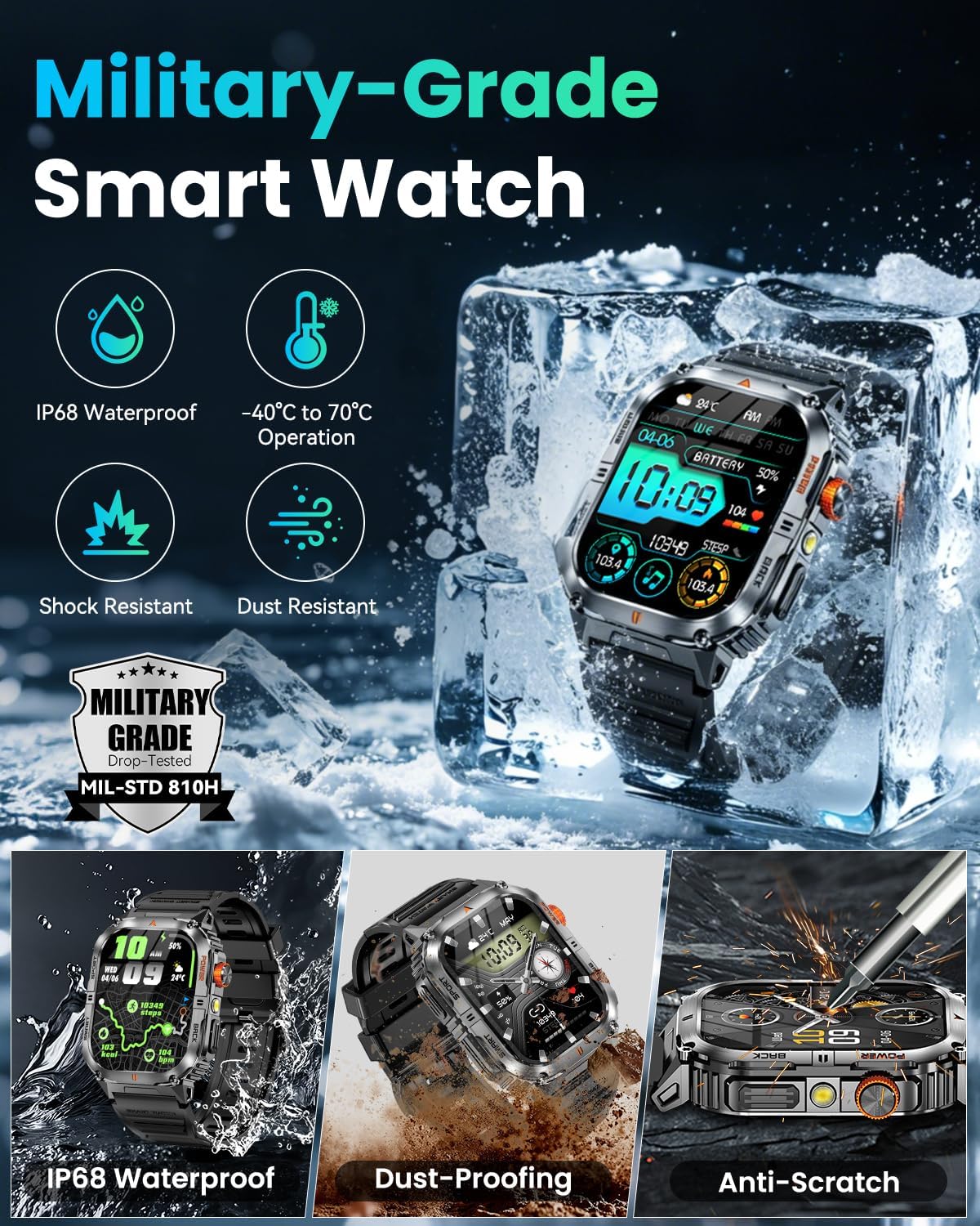 2.0" Large Screen Military Smart Watch for Men, 1200mAh Battery, 100+ Days Battery, Bluetooth Calls, LED Flashlight, IP68 Waterproof, 110+ Sports Modes, Heart Rate/SpO₂/Sleep Monitor for Android & iOS - Image 4