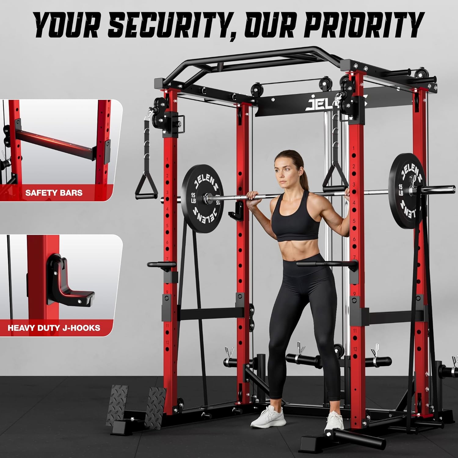 JELENS C12 Squat Rack for Home Gym, 2000LBS Power Rack with Adjustable Pulley System, Power Cage Workout Equipment with LAT Pulldown and Training Attachment - Image 4