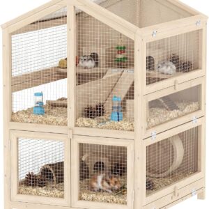 PawHut Wooden Hamster Cage, Large 3 Tier Hamster Cage w/Pull-Out Tray, Openable Tops, Huts, Seesaws, Ramps, Water Bowls, for Small Animals, Guinea Pigs, Rats, Bunnies, Gerbils, 26.8″ x 24.2″ x 35.4″