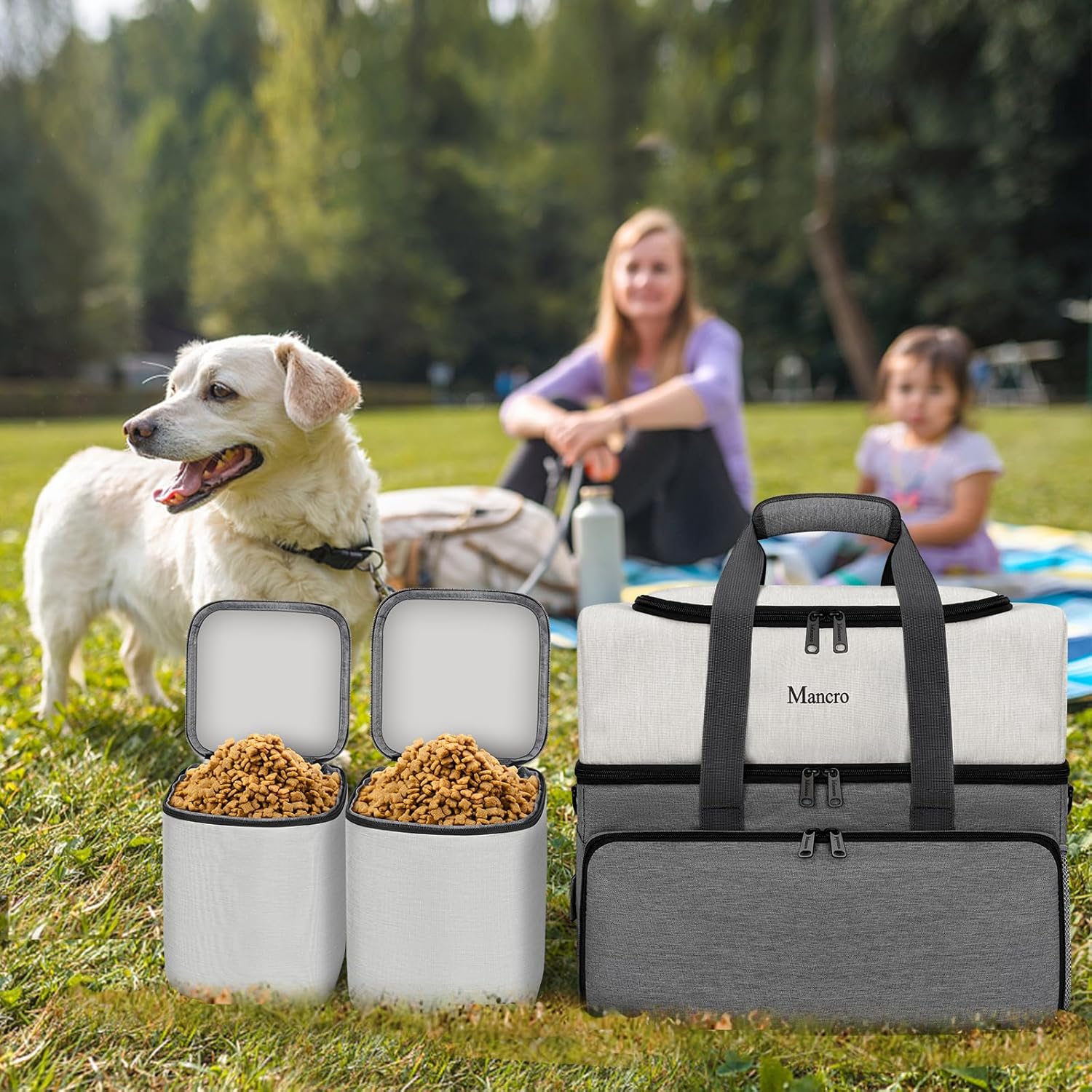 Mancro Dual Layers Dog Travel Bag, Pet Travel Bags with 2 Extra Large Food Containers, 2 Collapsible Dog Bowls, Multi-Pockets Tote Organizer for Pet Supplies, Road Trip Essentials, Weekend Camping - Image 6