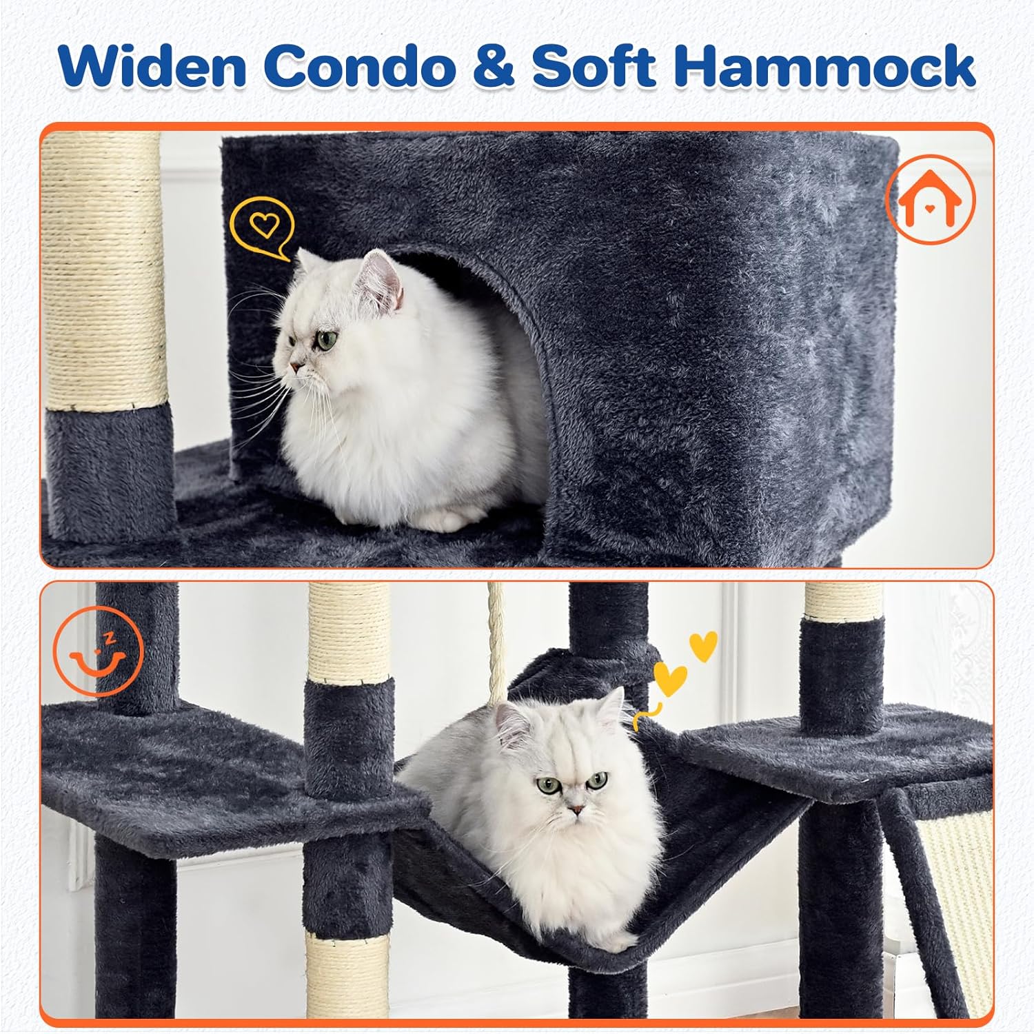 ABCPET Cat Tree Tower 63in Multi-Level Cat Tower for Indoor Cats with Sisal Scratching Posts, Condo, Hammock, Dangling Ball and Extended Platform for Cats to Play, Dark Grey - Image 5