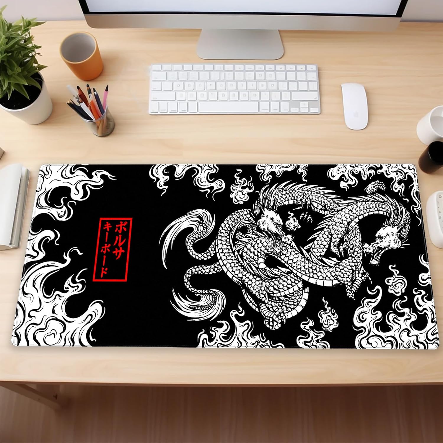 Black and White Mouse Pad Extra Large Gaming Mousepad XL Dragon Desk Mats Japanese Full Desk Keyboard Mat Computer Pad Desk Matt with Stitched Edges Non-Slip Desktop Mat 31.5 x15.7 in - Image 6