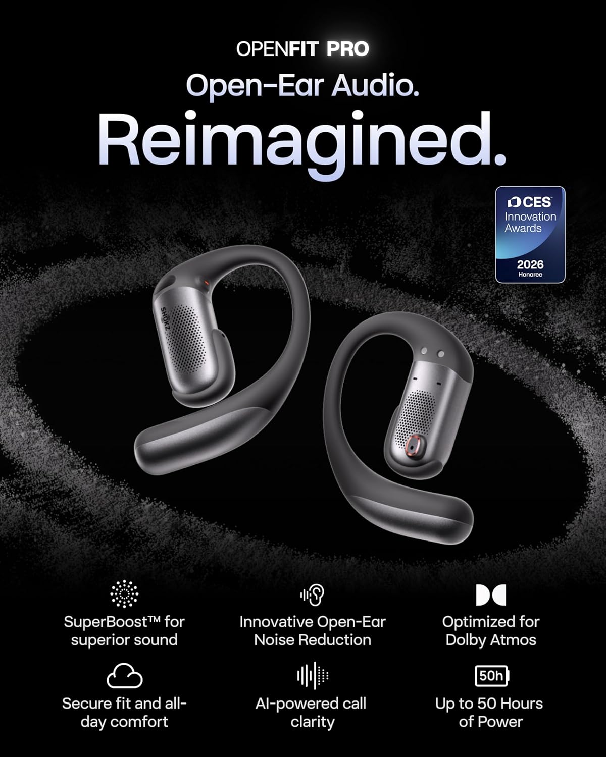 SHOKZ OpenFit Pro Open-Ear True Wireless Earbuds with Open-Ear Noise Reduction, Optimised for Dolby Atmos, Deep Bass, 50H Playtime, AI-Powered Clear Calls for Work, Sport, Bluetooth 6.1, IP55, Black - Image 2