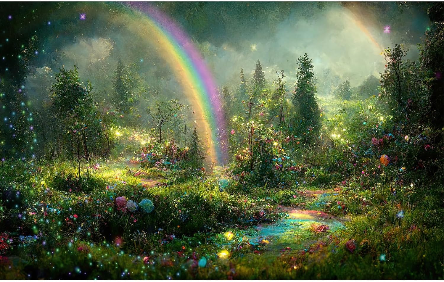 Fantasy Forest Aquarium Background Rainbow Colorful Flowers Terrarium Background Jungle Plants Foggy Misty Rainforest Fish Tank Background Mysterious Forest Reptile Habitat Background Vinyl 36x18in
