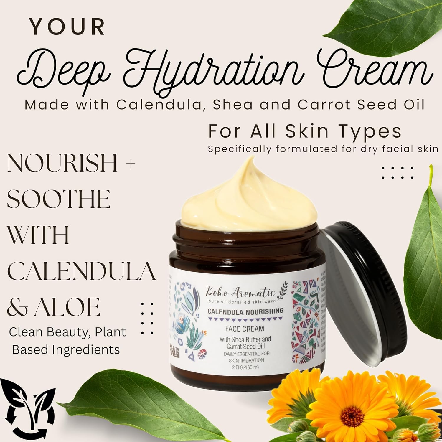 Calendula Nourishing Face Cream for Dry Skin, Natural & Organic Facial Cream, Hydrating and Moisturizing skin care product, Vegan Face Cream, calendula face cream, Facial Moisturizer - Image 2