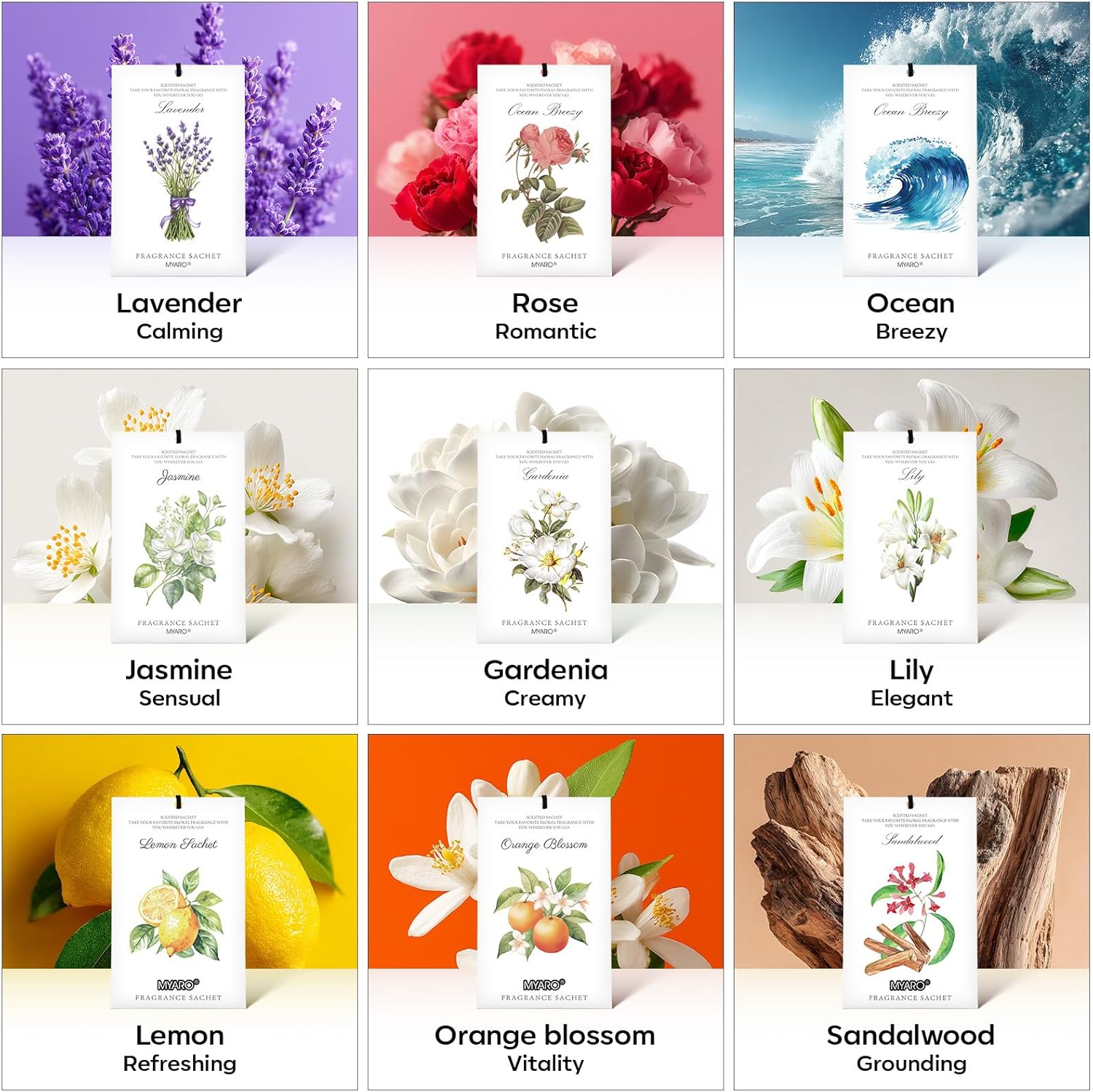MYARO 12 Pack Assorted Floral Scented Sachets - Lavender, Rose, Jasmine, Ocean, Gardenia & Lily | Drawer, Closet & Car Air Freshener Bags | Multi-Scent Home Fragrance Gift Set - Image 8