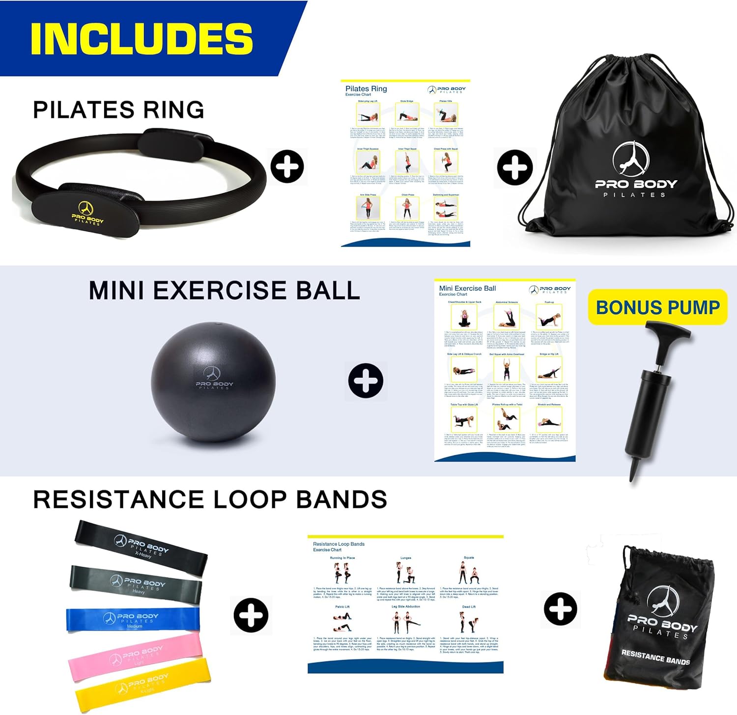 ProBody Pilates Ring Set with 14-Inch Magic Circle Ring, 9-Inch Exercise Ball, 5 Resistance Bands, Pump, Training Guides, & Storage Bag for Core Strength, Balance, Stability Training - Image 3