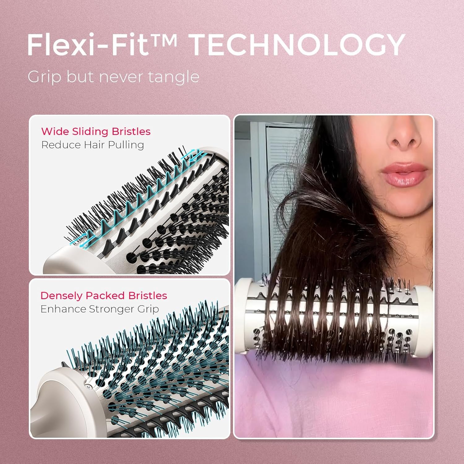 TYMO 2.0 Thermal Brush Curling Brush - STYLUX 1.7" Blowout Volumizer with Flexi-Fit for Hair Straightening, Heated Round Styler Tool, Hair Straightener and Curler 2 in 1, Dual Voltage & Light, Gold - Image 3