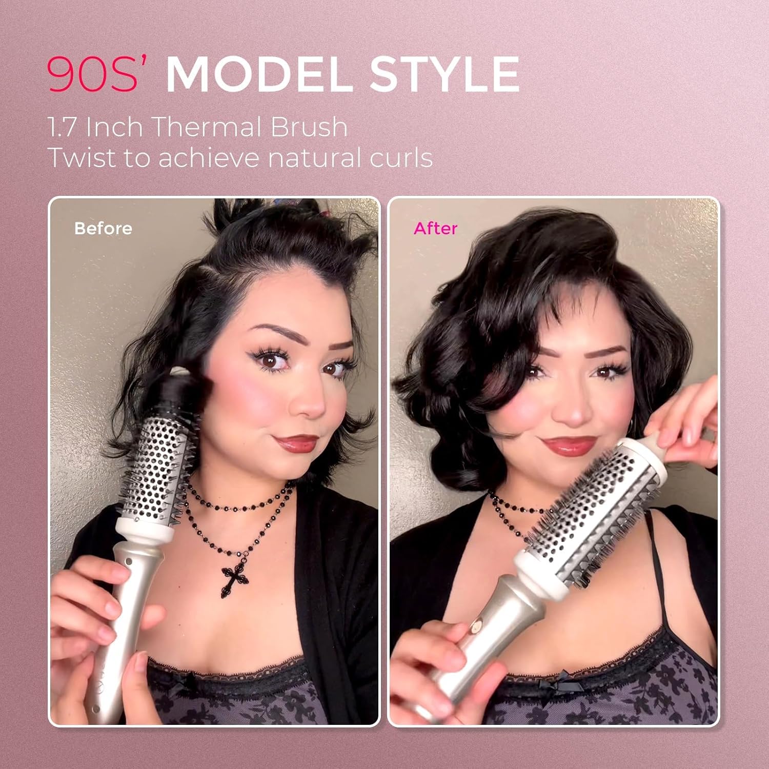TYMO 2.0 Thermal Brush Curling Brush - STYLUX 1.7" Blowout Volumizer with Flexi-Fit for Hair Straightening, Heated Round Styler Tool, Hair Straightener and Curler 2 in 1, Dual Voltage & Light, Gold - Image 4