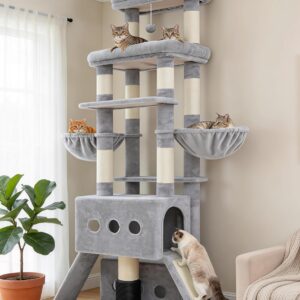 Hey-brother Cat Tree Tower, 71.5 Inches Scratching Posts with Extra Large Platform, 2 Cozy Condos, 2 Hammocks and Scratch Boards, Multi-Level House for Multiple Indoor Cats, Smoky Gray MPJ085W