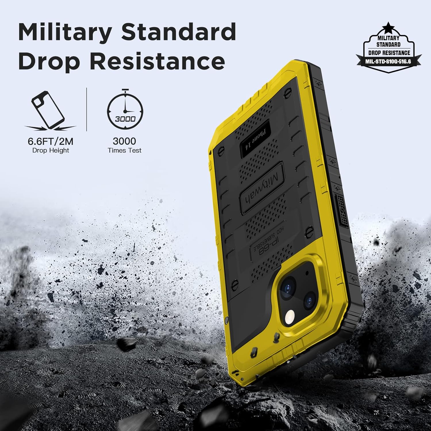 Mitywah Waterproof Case for iPhone 14, Heavy Duty Shockproof Case with Built-in Screen Protector, Full Body Underwater Protective Metal Case 6.1 inch, Yellow - Image 3