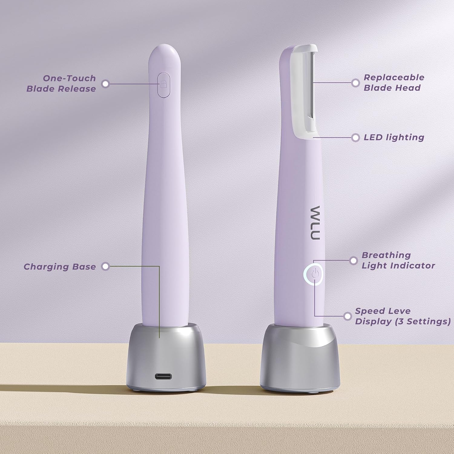 Dermaplane Razor for Women Face, WLU Rechargeable Face Dermaplaning Tool – Peach Fuzz, Facial Hair & Exfoliation Removal, Sonic Technology with LED Light, 3 Speeds & 10 Blades (Purple) - Image 6