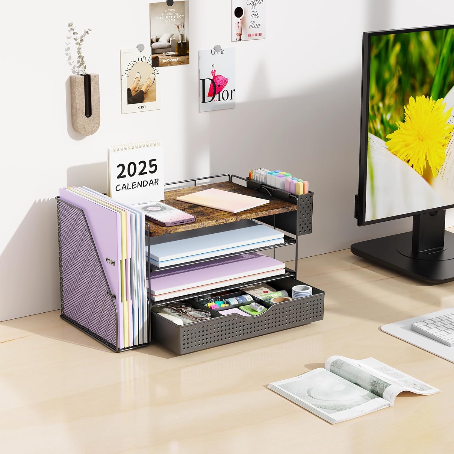 gianotter Wood Desk Organizers and Accessories with File Holder, 4-Tier Desk Accessories & Workspace Organizers with Drawer and Pen Holder, Desk Reference Organizer (Wood) - Image 3