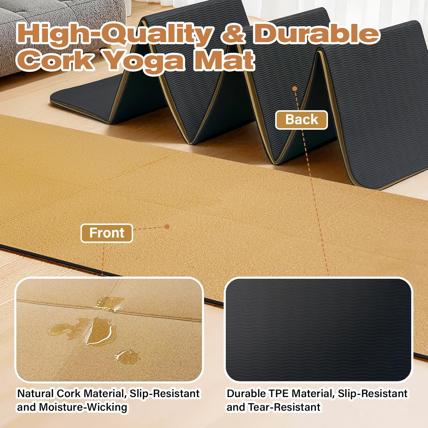 LILXIU Foldable Cork Yoga Mat 72 * 24 in 4 mm Thick Sweat Resistant with Rubber Base Hot Yoga Mat with Storage Bag Lightweight Grip Mats for Travel and Pilates Fitness Home Workouts - Image 5