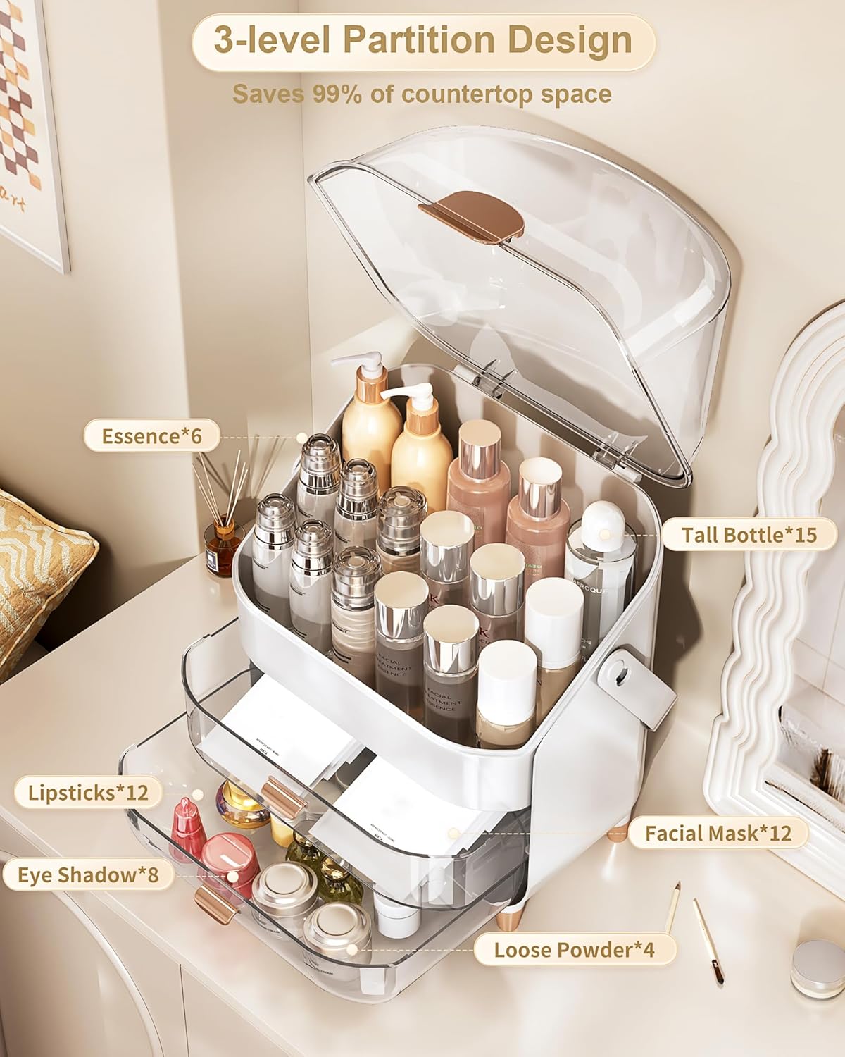 Makeup Organizer Countertop, Skincare Holder Bathroom Counter Organizer, Storage Box Cosmetic Display Cases, Teen Girl Gifts Make up Organizers for Vanity, Dresser (Rose Gold) - Image 3