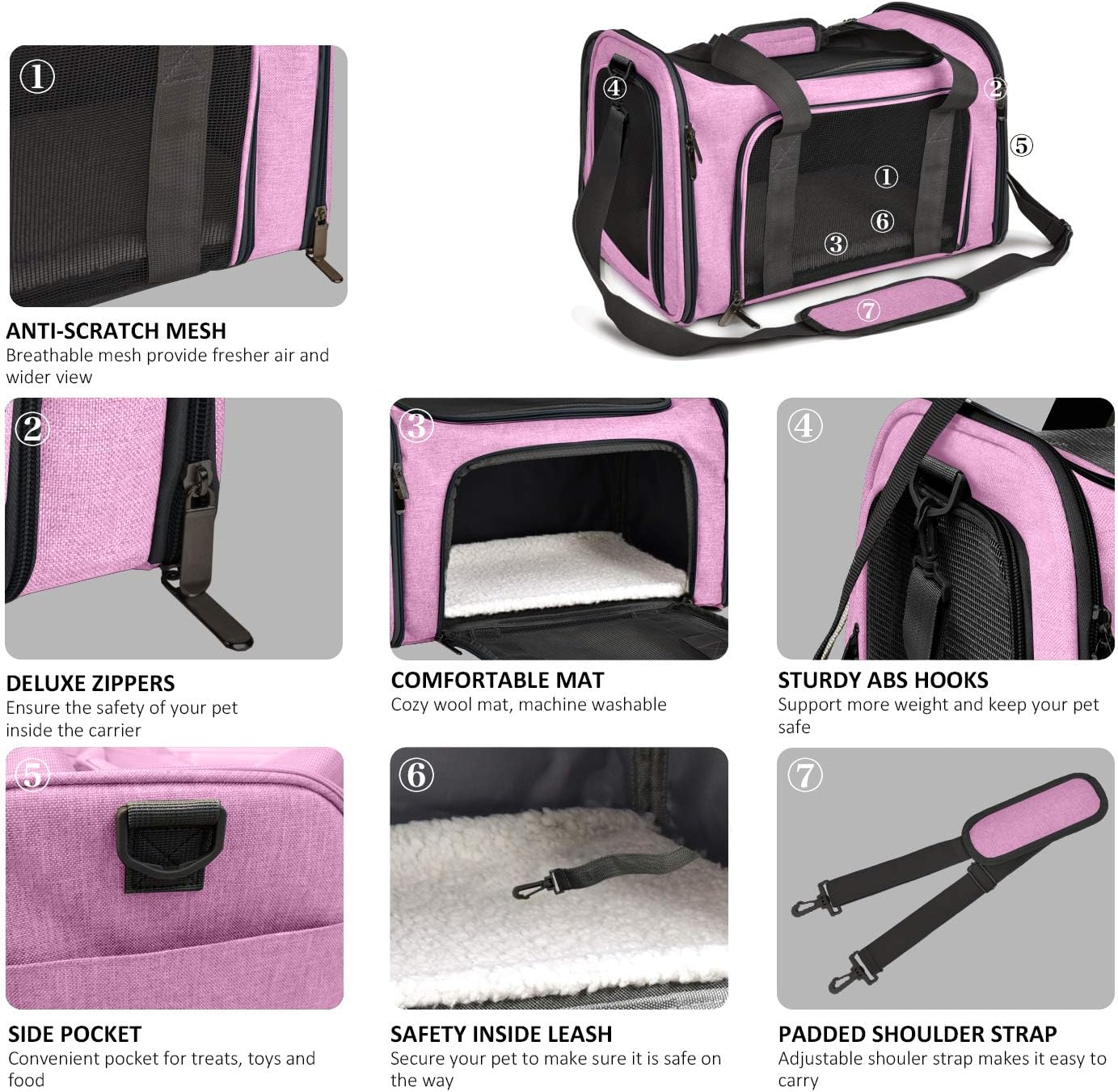 Henkelion Pet Carrier for Small Medium Cats Dogs Puppies up to 15 Lbs, TSA Airline Approved, Soft Sided, Collapsible Travel - Pink - Image 3