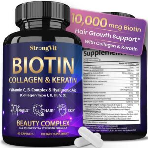 StrongVit Biotin with Hyaluronic Acid, Keratin and Collagen Supplements – 10000mcg for Hair Growth Women and Men – Hair Skin and Nails Vitamins – 60 Capsules