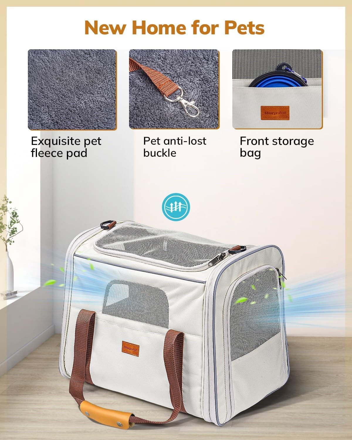 Morpilot Pet Travel Carrier Bag, Soft-Sided Dog Carrier Cat Carrier Pet Carrier, for Large Cats and Medium Puppies up to 25lbs, with Locking Safety Zippers, Foldable Bowl (Beige) - Image 4