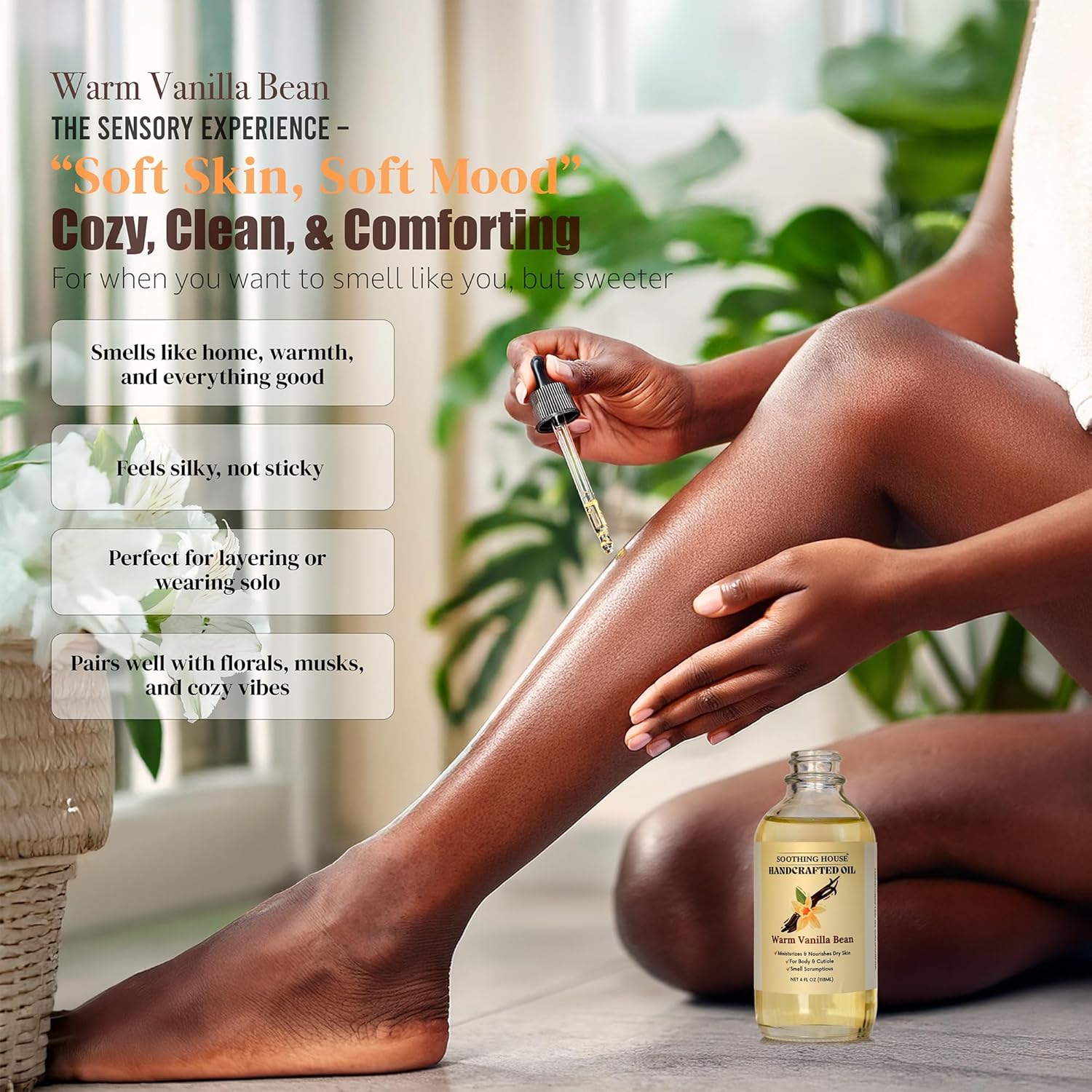 Warm Vanilla Bean Body Oil - Moisturizing Body Oil for Soft, Glowing Skin with Almond & Jojoba Oil (4 fl oz) - Image 6