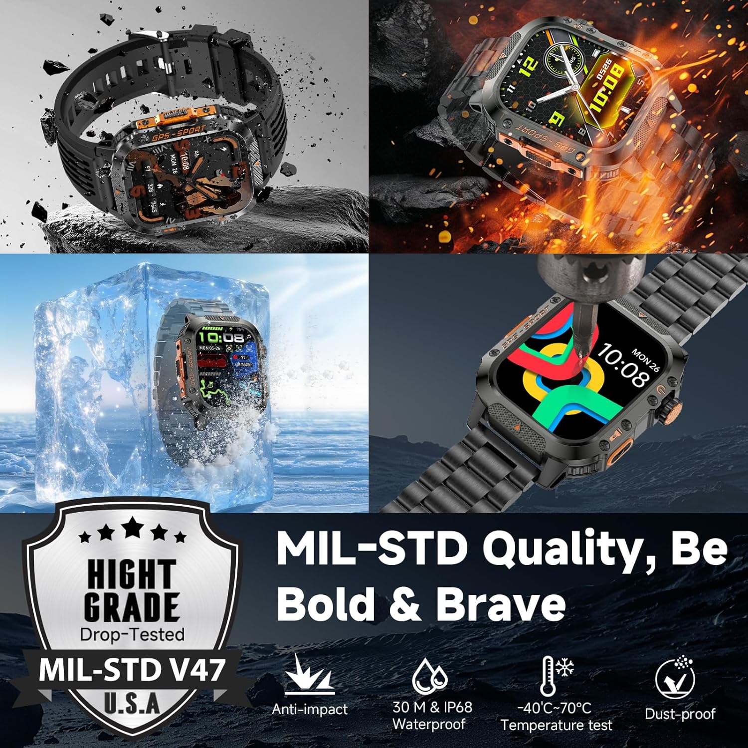GPS Smart Watch for Men (Answer/Make Calls), 2.01'' Military Rugged Smartwatches for Android iPhone Fitness Tracker with Compass/10 Days Battery/Heart Rate/Sleep/100+ Sport Modes(2 Straps) - Image 3