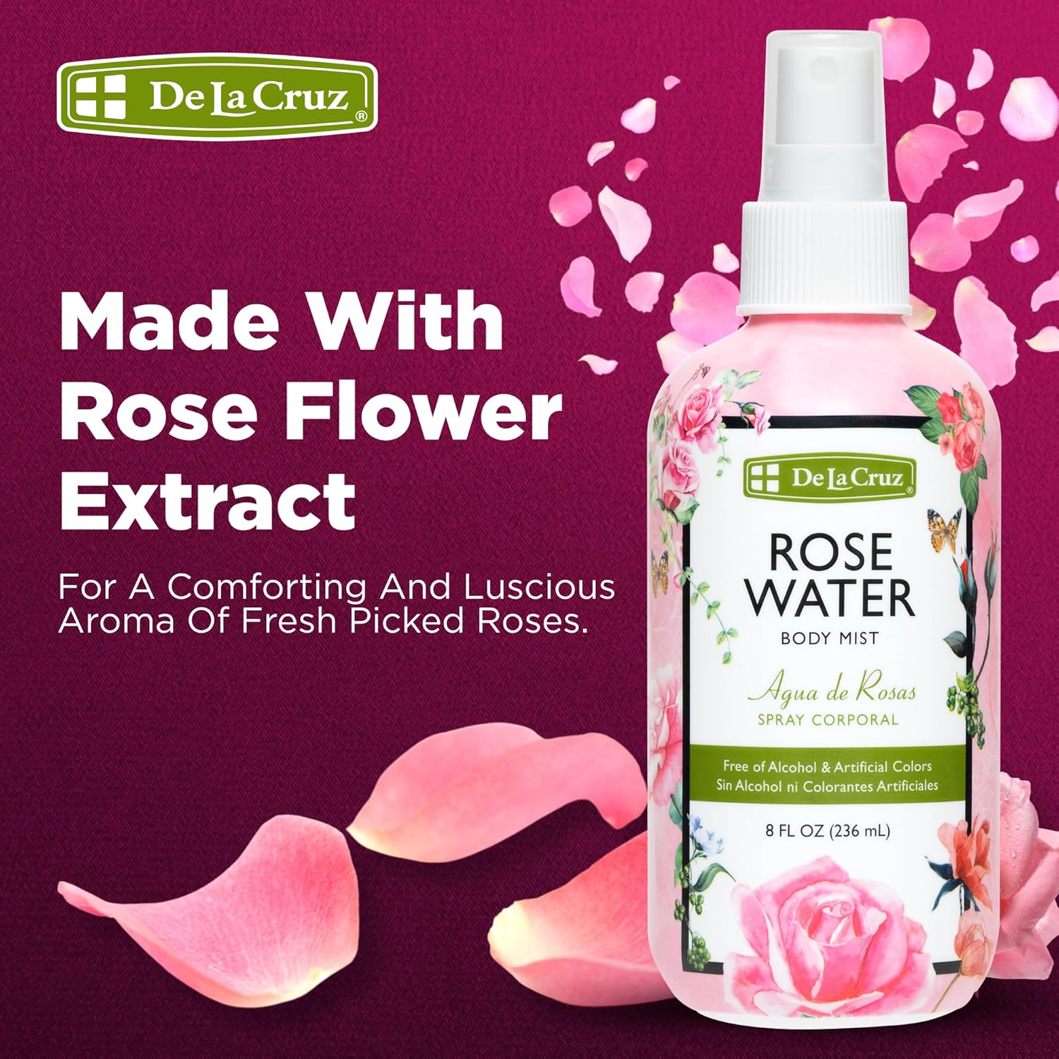 De La Cruz Pure Rose Water Body Mist,Rosewater Spray for Face, Skin & Hair,Toner & Rose Water for Hair Alcohol Free, Paraben Free 8 fl oz (1 Bottles) - Image 2