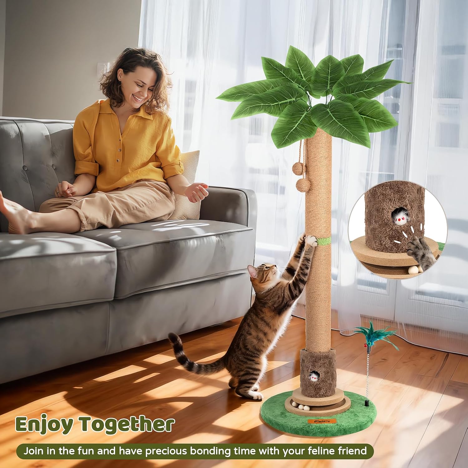 Cat Scratching Post, Famifit 39" Nature Sisal Cat Scratch Post for Indoor Cats, Large Cat Scratcher with Cat Toy Mouse Hole & Interactive Wooden Ball for Kittens Adults Cats - Image 7