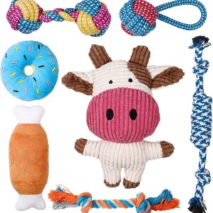 Toozey 7 Pack Small Dog Toys, Puppy Teething Toys, Durable Ropes Chew Toys, Cute Calf Squeaky Dog Toys, Non-Toxic and Safe