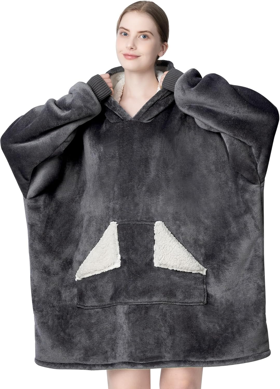 Touchat Wearable Blanket Hoodie, Oversized Sherpa Fleece Sweatshirt Blanket with Giant Hood Pocket and Sleeves for Adult, Warm & Cozy Grey Blanket Gifts for Women - Image 2