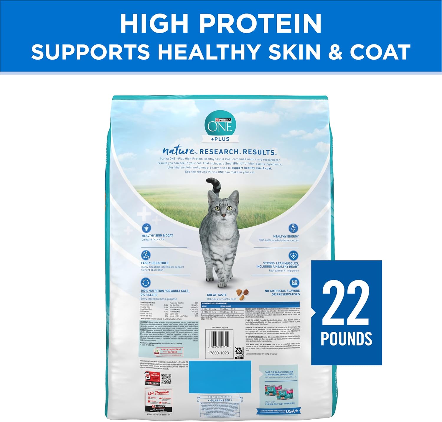 Purina ONE Plus High Protein Cat Food Dry Salmon and Ocean Whitefish Cat Skin and Coat Health Formula - 22 lb. Bag - Image 9