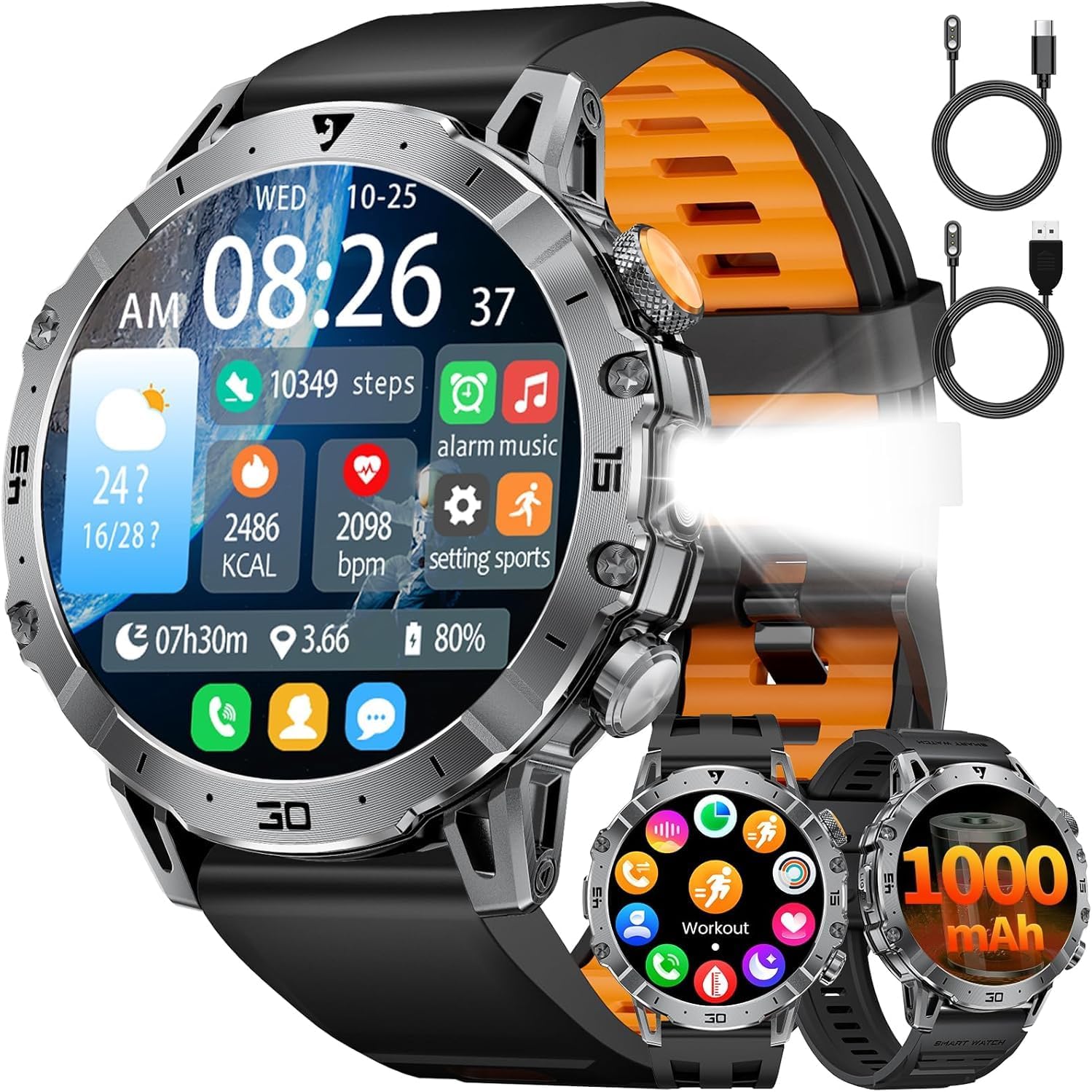 Military Smart Watch for Men(3 Bands),1000mAh /1.7" HD Large Display Smart Watches with LED Flashlight for Android iOS (Call Answer/Calls)Fitness Tracker with Heart Rate/Sleep Tracking/IP68 Waterproof
