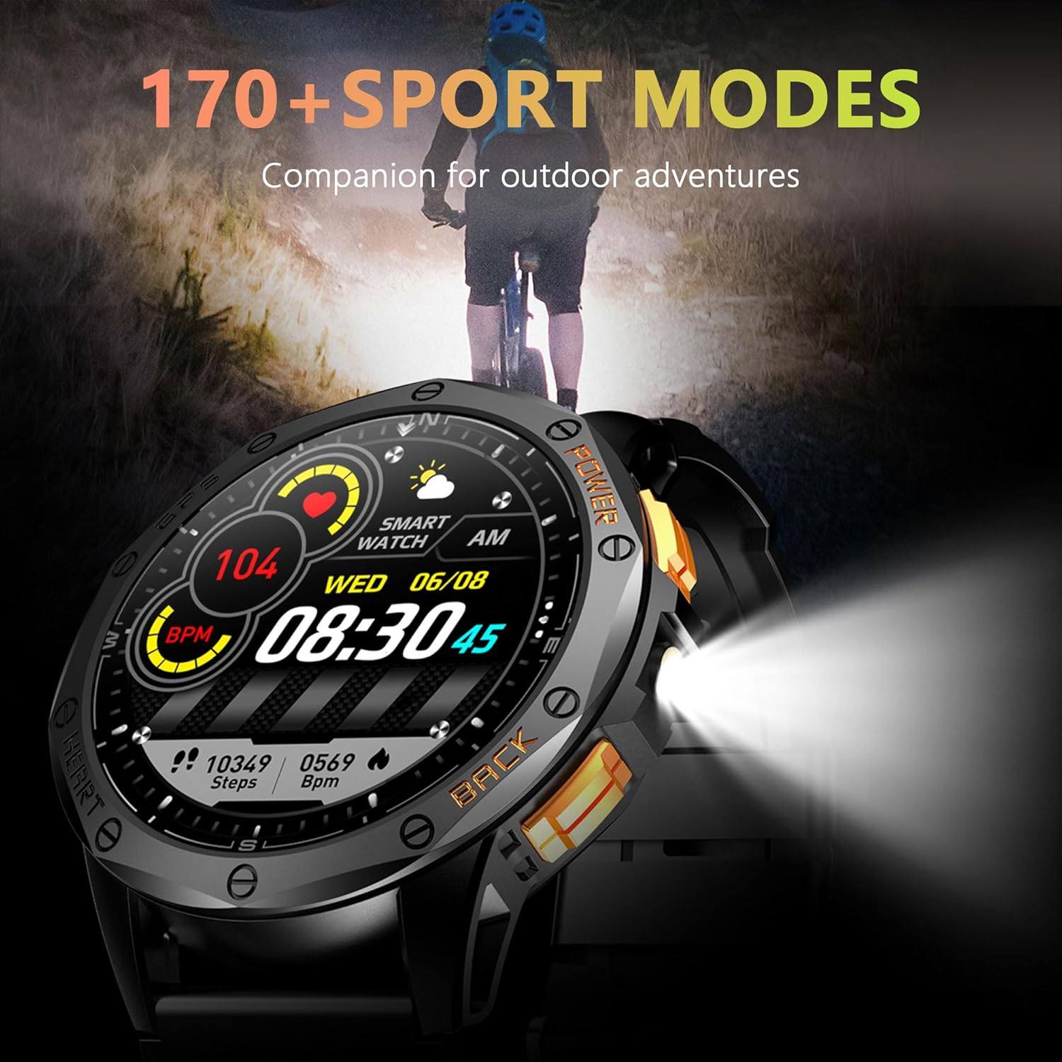 Military Smart Watch With GPS, 170+ Sport Modes Smartwatch with Heart Rate Monitor, Compass, Flashlight, GPS, Smart Watch for men,1.43" AMOLED Screen Bluetooth Call,Compatible iOS & Android (2 Bands) - Image 5