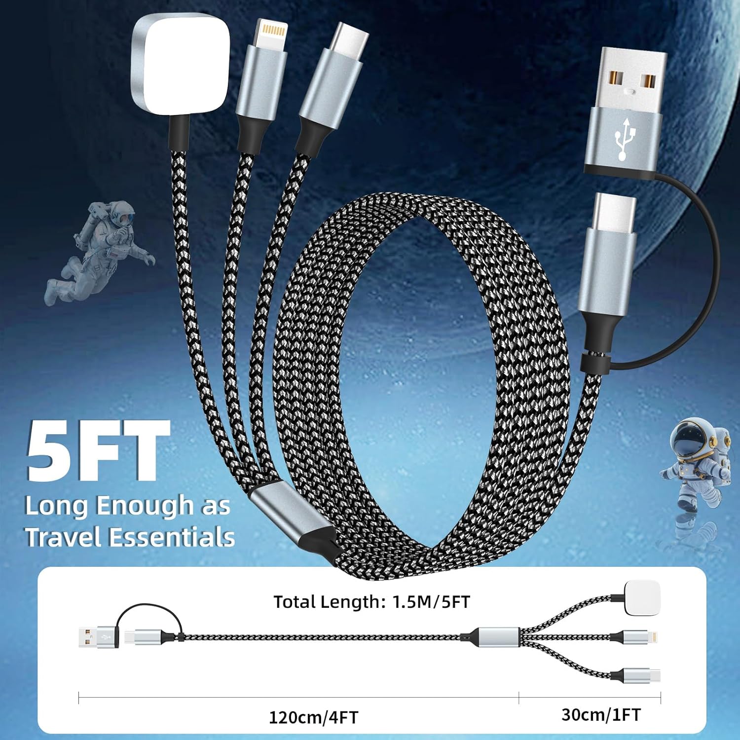 Travel 3 in 2 Charging Cable for iWatch Charger, Travel Essentials UB-A/USB-C Multi Charging Cable/Cord for All Devices Compatible for iWatch Ultra/SE/10-1, iPhone16 15 14, Android-5FT - Image 6