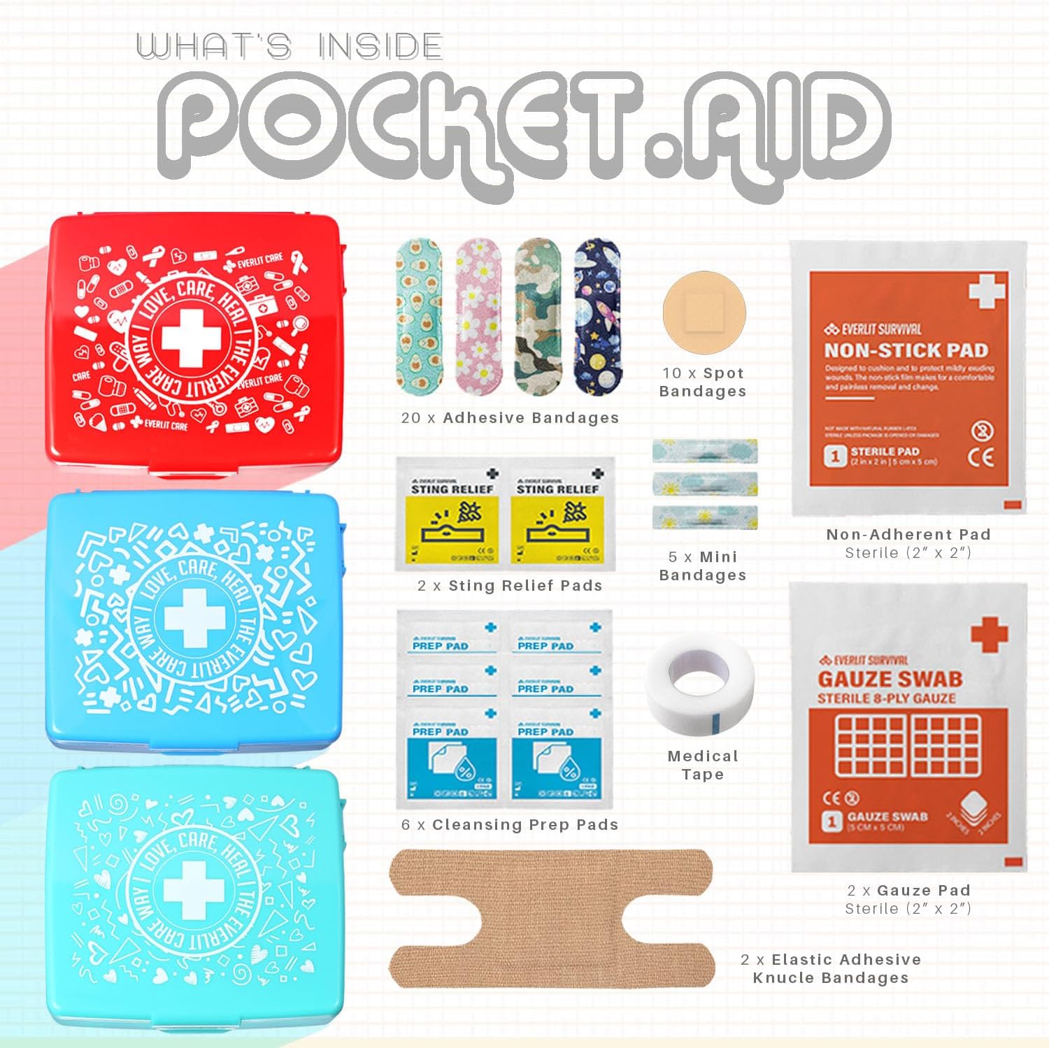 EVERLIT Pocket-Aid Mini First Aid Kit | Compact, Portable Hard-Shell Cases of 50 Items | Cuts, Scrapes, Wound Care Essentials for Travel, Outdoor, School, Camping, Home, Office (12 Packs | 600 Pcs) - Image 2