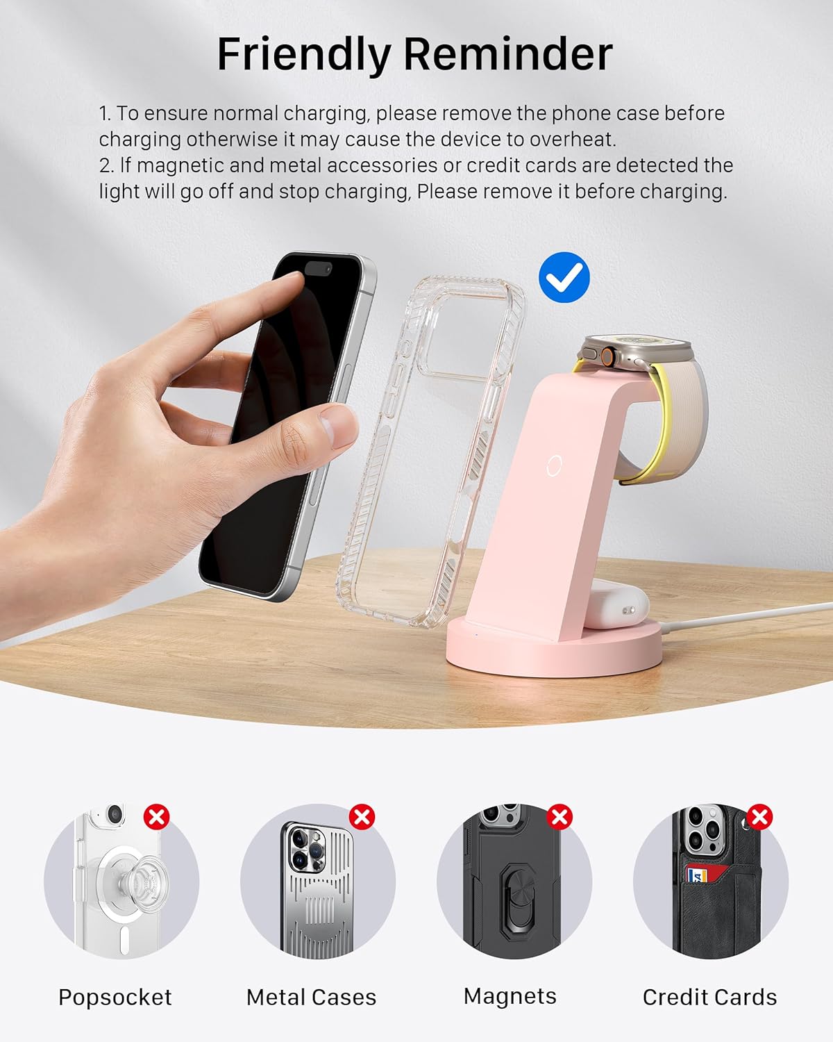 Anlmz 3 in 1 Charging Station for iPhone, Wireless Charger for iPhone 17 16e 16 15 14 13 12 11 X Pro Max & Apple Watch - Charging Stand Dock for AirPods (Pink) - Image 6