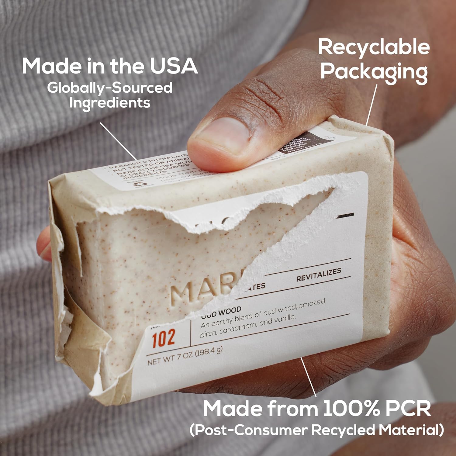MARLOWE. No. 102 Body Scrub Soap 7 oz, Oud Wood, Exfoliating Soap Bar with Shea Butter, Olive Oil & Green Tea Extracts, Cleanses, Smooths & Revitalizes Skin, Earthy & Smoky Scent - Image 8